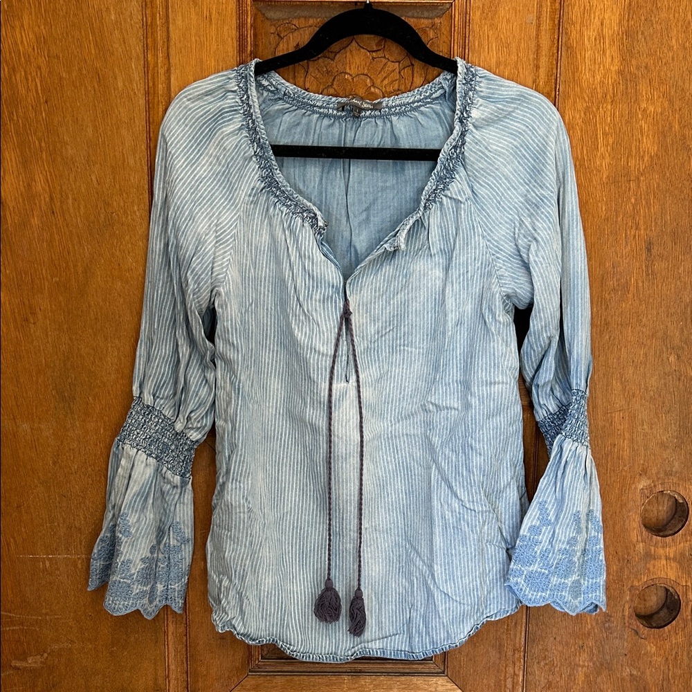Michael Stars stripe top embroider floral small blue bell sleeve smocked